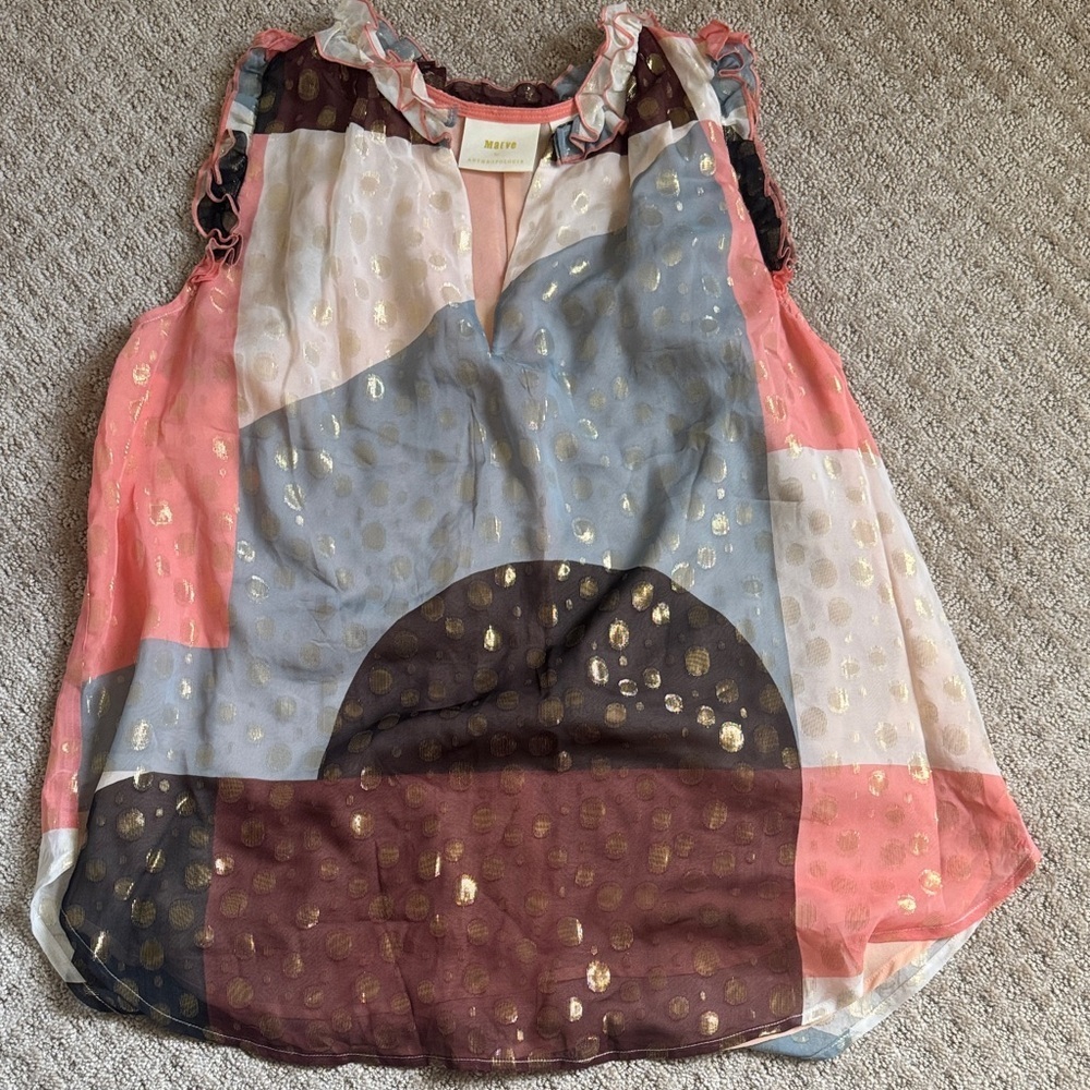 Maeve by Anthropologie Sheer Ruffle Neck Polka Dot Sleeveless Top - Picture 2 of 9